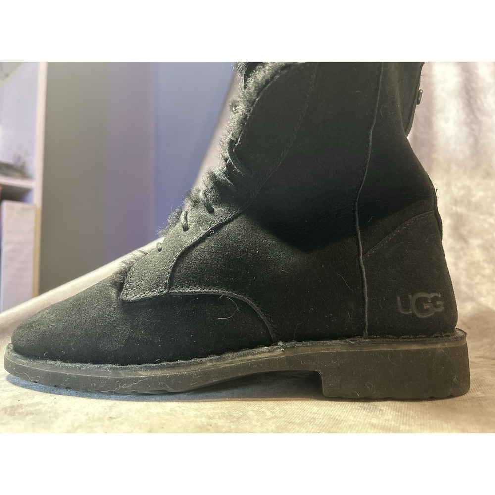 UGG Women's Size 9 Black Suede Lace Up Shearling Lined Ankle Boots - Picture 3 of 7